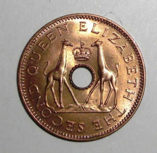 1958 Rhodesia And Nyasaland half Penny, Giraffe animal wildlife, centerhole coin
